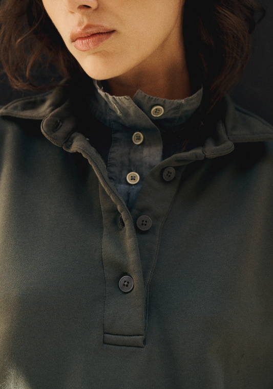 Nova long sleeve polo in french terry with poplin collar